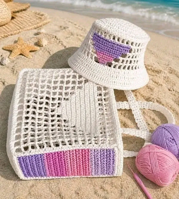 Handmade Crochet Beach Tote Bag & Bucket Hat Set – Summer Collection